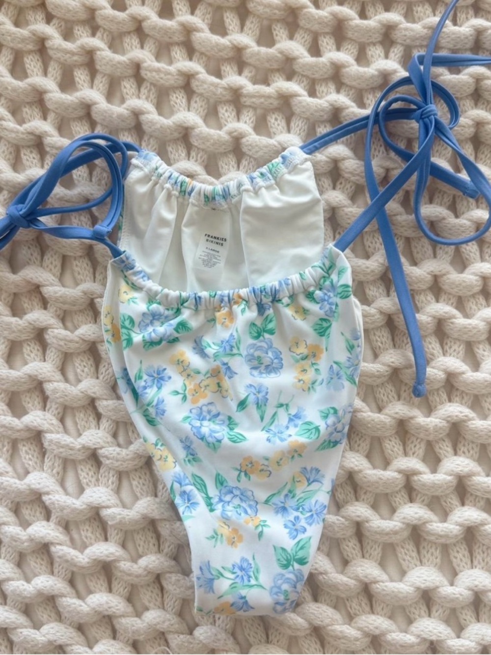 Frankie's Bikinis White Floral Tie-Side Bikini Bottom with Blue & Yellow Flowers